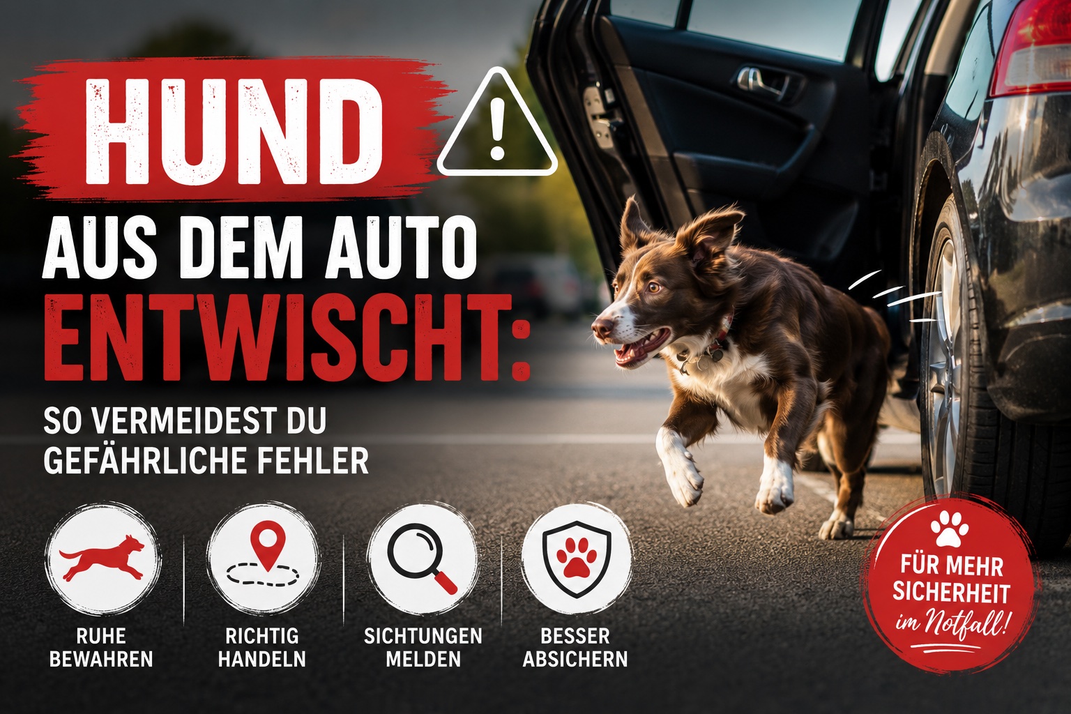 Hund aus dem Auto entwischt? Erfahre, wie du ruhig handelst, gefährliche Fehler vermeidest, Sichtungen sammelst und deinen Hund besser absicherst.